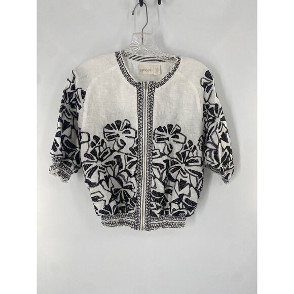 CHICO'S SMOCKED ZIP JACKET LINEN EMBROIDERED SIZE 1 PETITE - Picture 3 of 6
